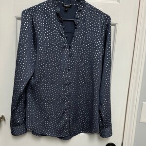 Express Women's Navy Button-Down Shirt with Silver Dots